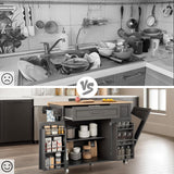 43.3" Rolling Kitchen Island Cart with Drop Leaf & Storage - Mobile Kitchen Organizer with Wheels, Rubberwood Top, Trash Bin Cabinet & Towel Rack, Farmhouse Style for Small Spaces Grey LotaTools