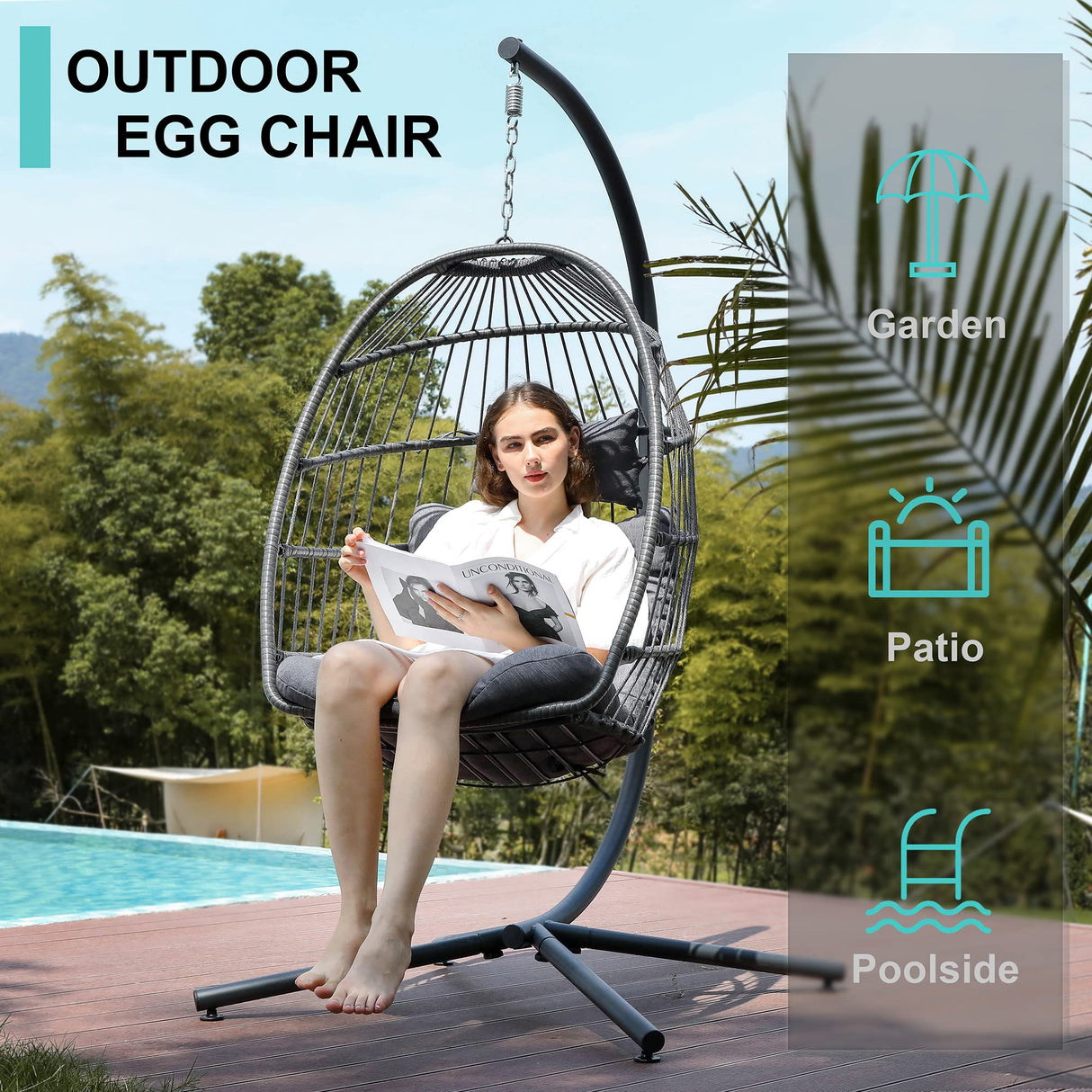 SWITTE Outdoor Hanging Egg Chair with Stand and Cushion, 370LBS Capacity Patio Swing Chair for Garden, Bedroom, Balcony - Dark Gray SWITTE