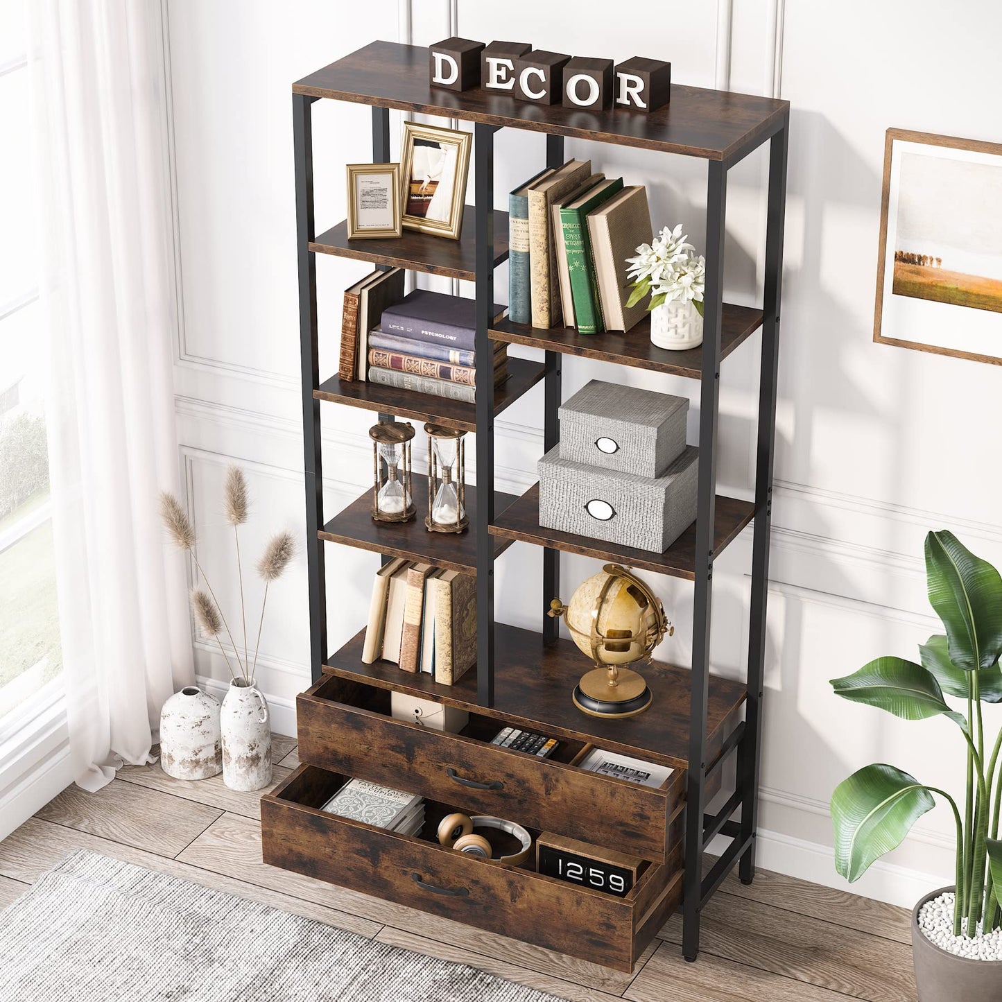 Modern Tall 5-Tier Bookshelf with Drawers by Tribesigns - Brown & Black Etagere Display Rack - WoodArtSupply