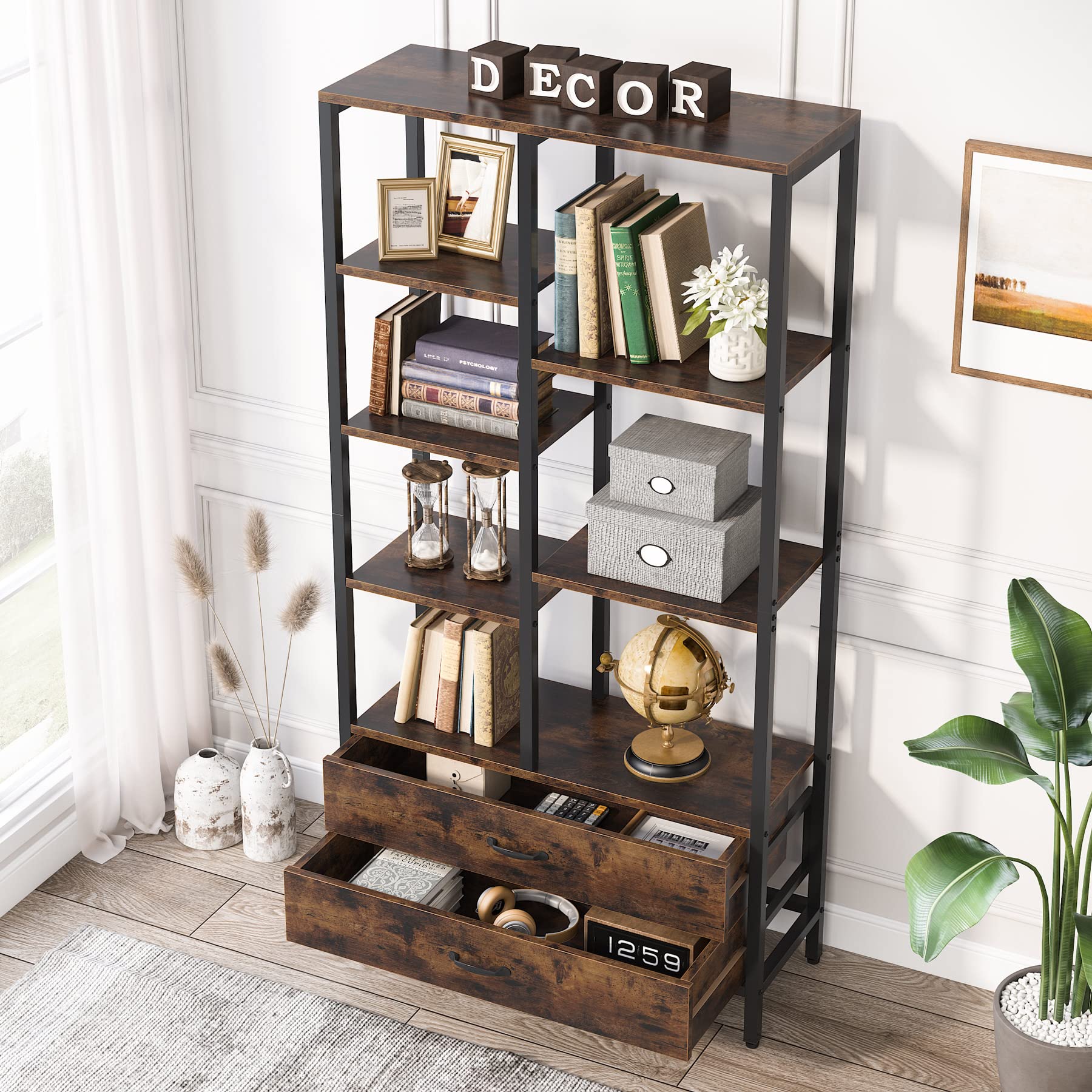 Tribesigns Industrial Tall Bookcase with Drawers - 2-Pack Versatile Open and Hidden Storage Shelves - WoodArtSupply