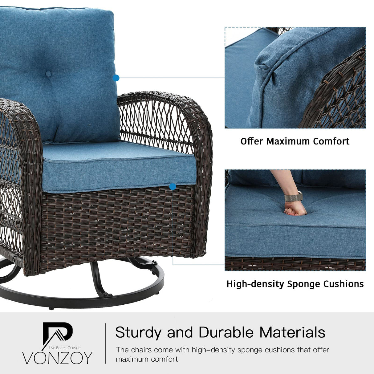 VONZOY 3 Pieces Patio Furniture Set, Outdoor Swivel Glider Rocker, Wicker Patio Bistro Set with Rocking Chair, Thickened Cushions and Table for Porch (Blue) VONZOY