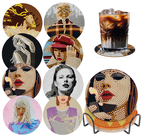 8 PCS Singer Diamond Art Coasters Kits, Pop Star Diamond Painting Coasters with Holder Set of 8, DIY Drink Coasters Art Crafts Supplies for Adults Cup Mat for Home Decor House Warming Gifts Non-Slip YSUNETER