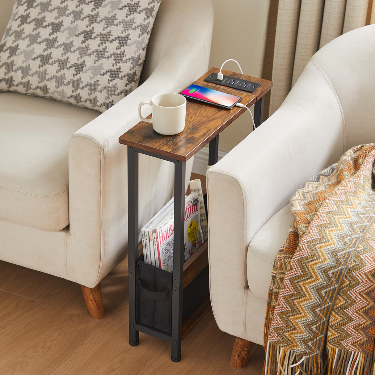 Slim Charging End Table with Storage - For Small Spaces and Bedroom BAMGROW