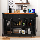 E-SHANMOHY Farmhouse Kitchen Island Cart with Drop Leaf & Charging Station,53" Rolling Island Cart on Wheels with Tempered Glass Doors Storage,Side Spice Racks,Ideal for Home Kitchen (Black-1) E-SHANHOMY