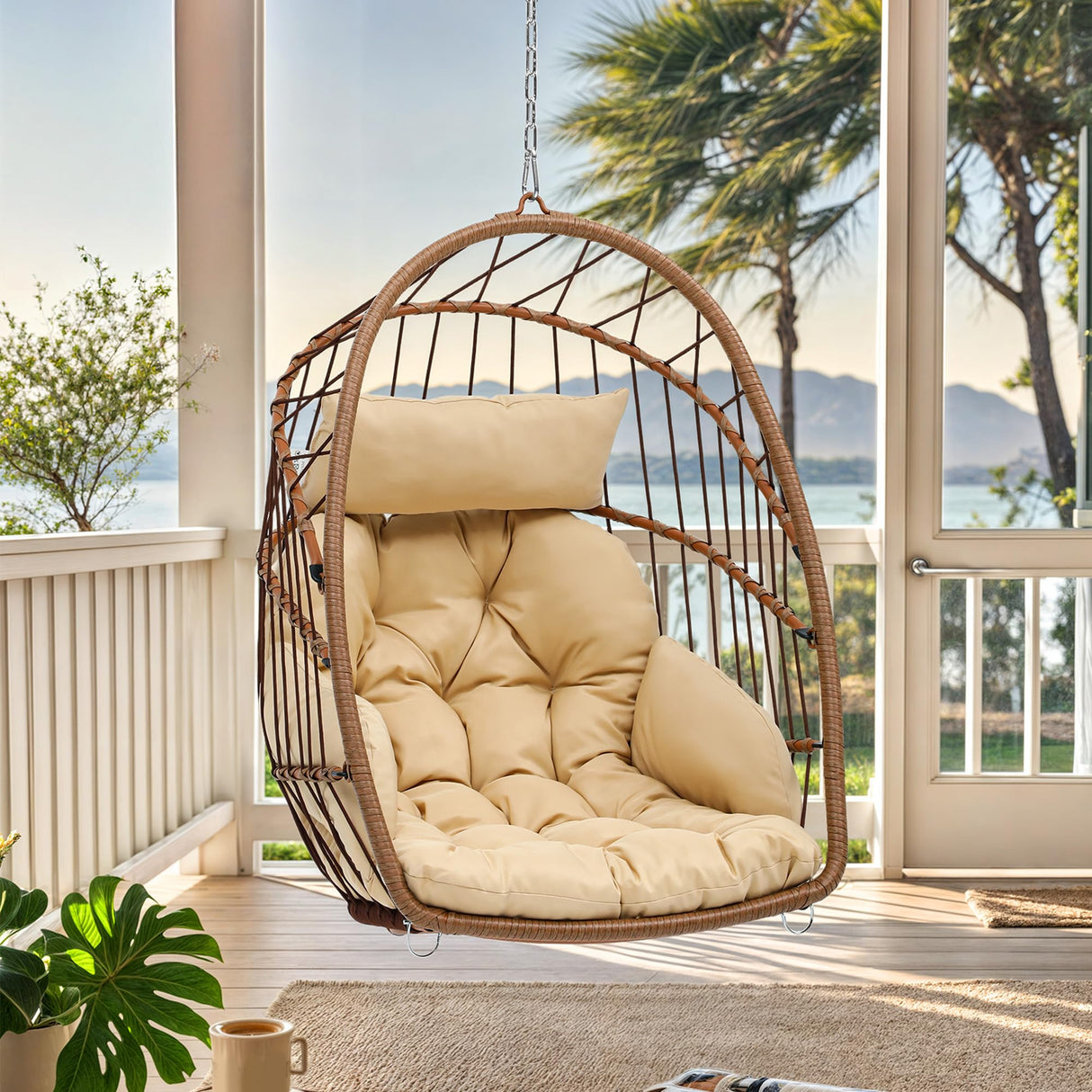 YITAHOME Hanging Egg Chair, Patio Wicker Hammock Egg Chair Basket Chair Swing with Cushion, Outdoor 330lbs Rattan Egg Outdoor Swing Chair for Balcony Garden Bedroom, Beige (Stand not Included) YITAHOME