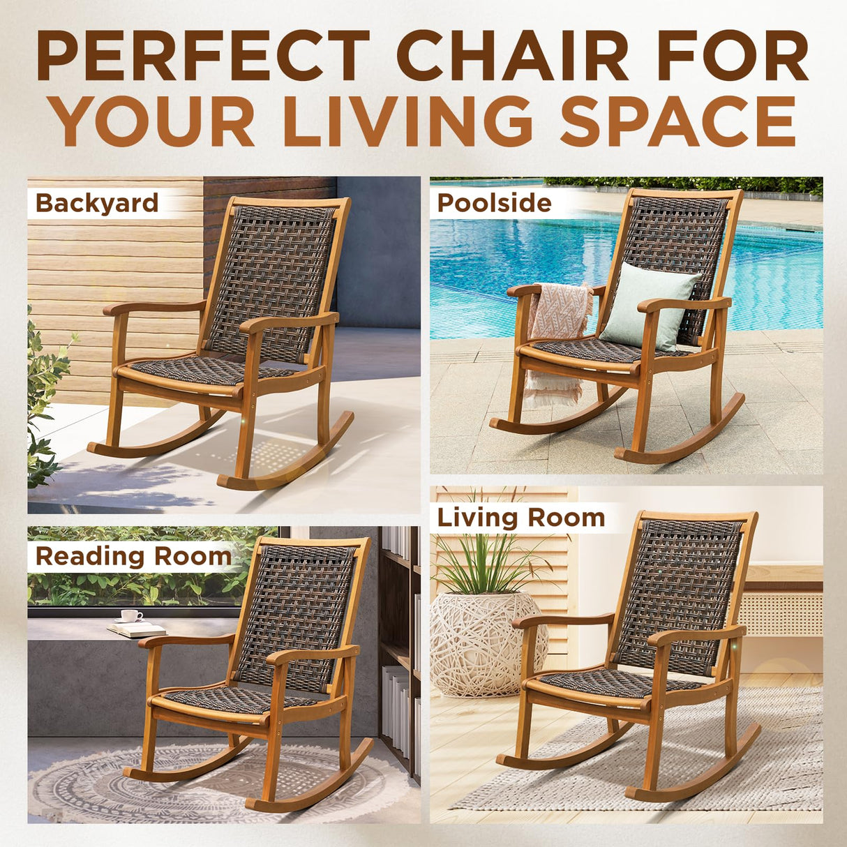 IDZO Lexicon Wood Wicker Rocking Chair, 400 lbs Capacity, Durable Eucalyptus Wood, Natural Finish, Comfortable Curvy Design, Ideal for Porch, Deck, Patio Furniture, and Outdoor Furniture Accent Chair IDZO