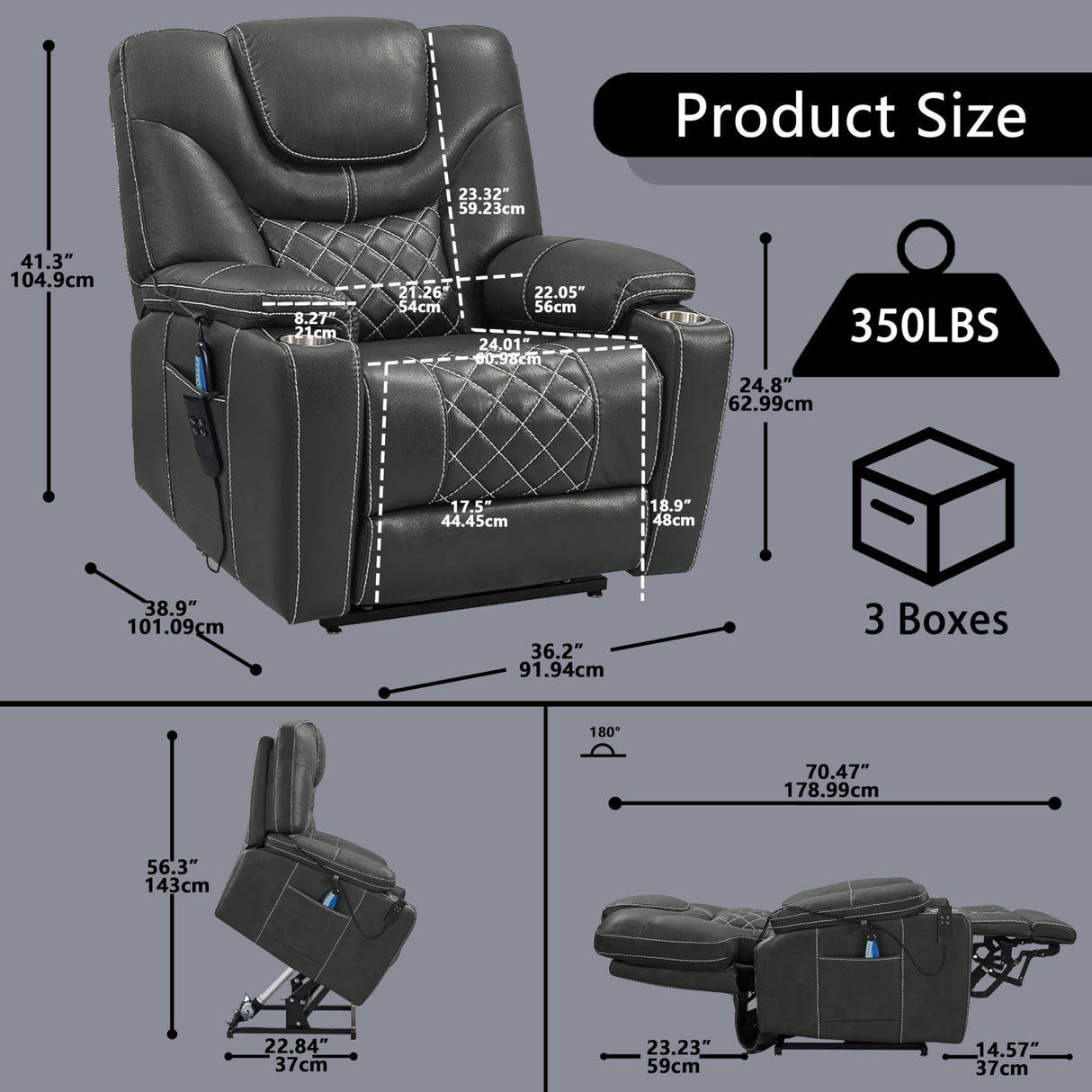 PUG258Y Power Lift Recliner for Seniors: 9988 High Density Foam Lift Chair With Heat and Massage, Reclining To 180, 2 Pockets Cup Holders, 2 Remote Controls, Dual OKIN Motors - Breathable Leather Gray PUG258Y
