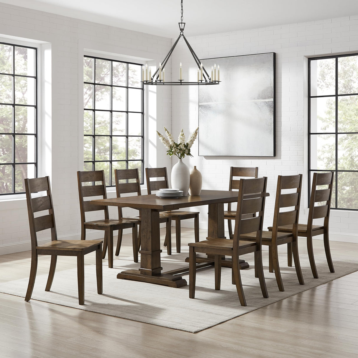 Crosley Furniture Joanna 9-Piece Modern Farmhouse Dining Table Set for 8 with Ladderback Chairs, Dark Oak Crosley Furniture