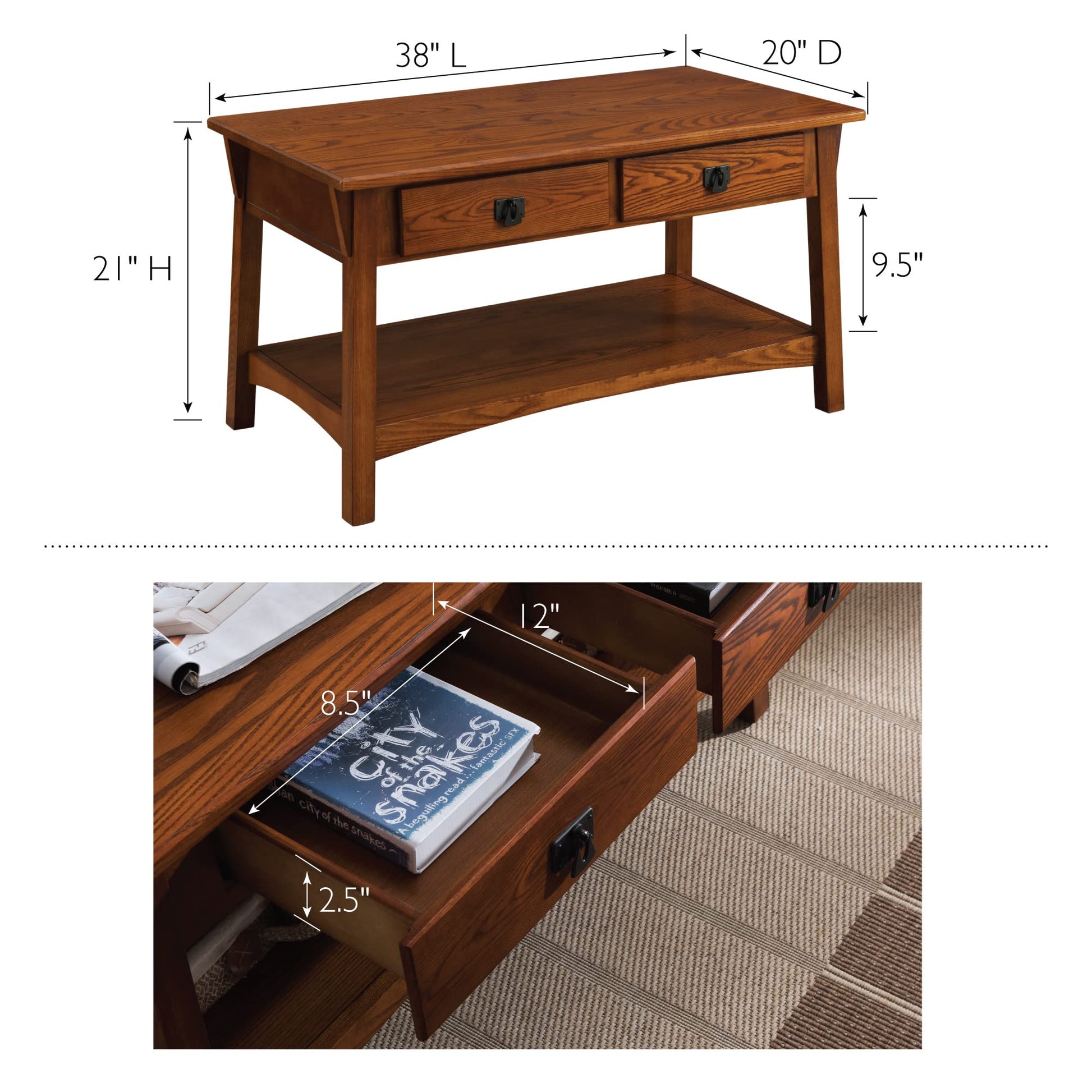 Leick Home 10055-RS Mission Coffee Table for Living Room, Two Drawers and Shelf, Made with Solid Wood, Russet Finish - WoodArtSupply