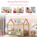 Bellemave Wooden Montessori Twin Size House Bed with Fence and Roof for Kids - Playhouse Frame in Natural Finish Bellemave