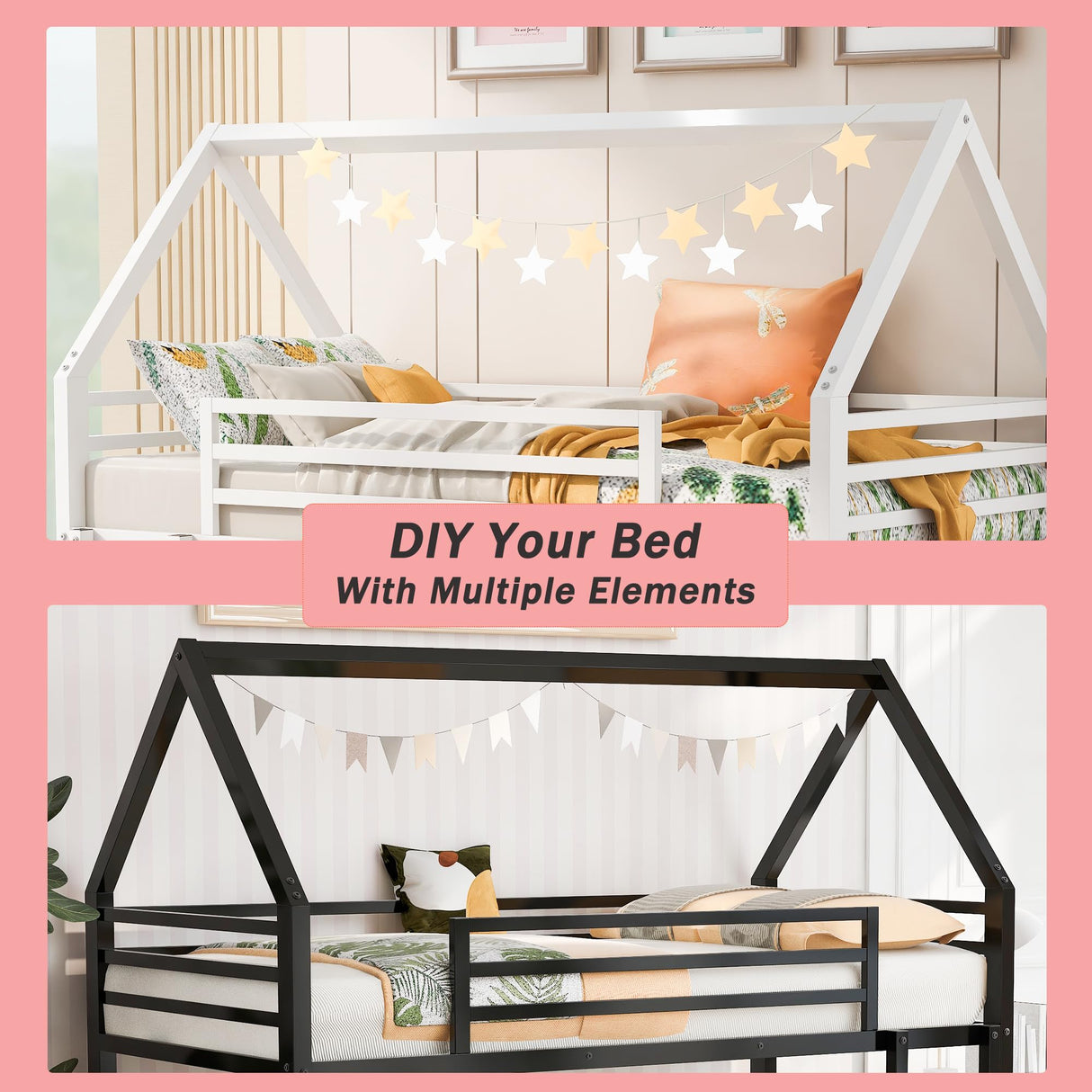 Merax Modern Heavy Metal House Low Bunk Bed Twin Over Twin, Montessori Floor Bunk Bed Frame with Full-Length Guardrail/No Box Spring Needed White Merax