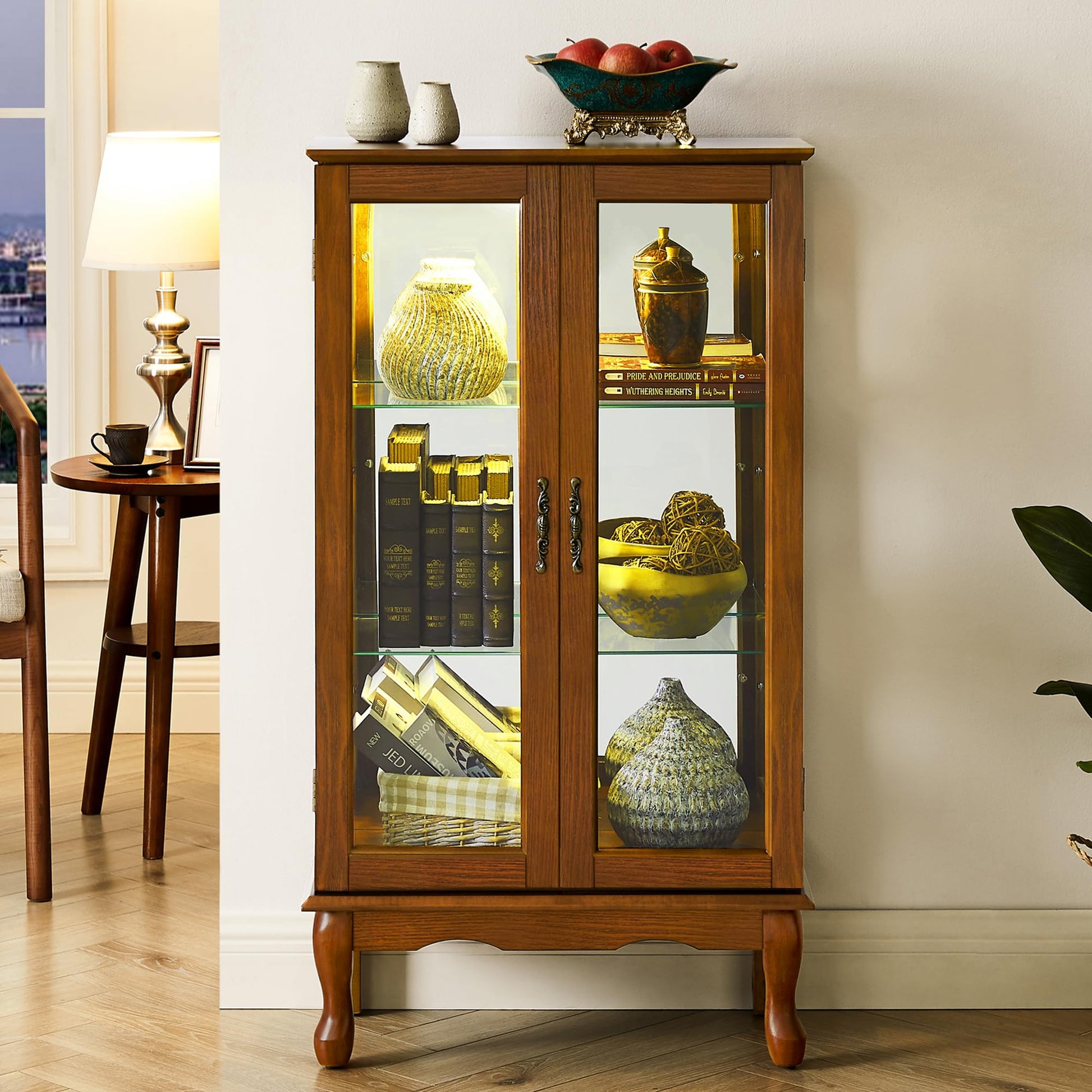 Ochangqi Curio Cabinet Lighted Curio Diapaly Cabinet Wooden Shelving Unit with Adjustable Shelves and Mirrored Back Panel, Tempered Glass Doors (Oak, 3 Tier) - WoodArtSupply