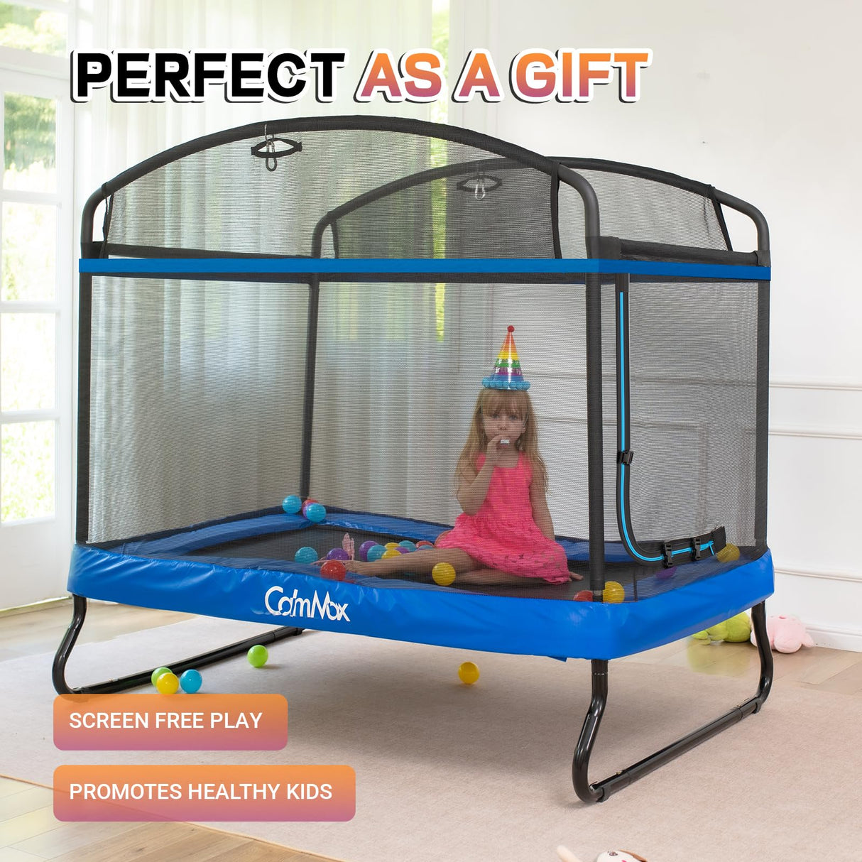 6FT Rectangle Toddler Trampoline with Swing & Horizontal Bar, Enclosure Safety Net, ASTM Approved – Indoor/Outdoor Kids Trampoline, Blue Calmmax