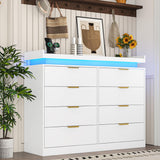 knoworld 8 Drawer Dressers for Bedroom, White Dresser with LED Lights and Power Outlet, Wood LED Dresser, Double Wide Modern Chest of Drawers for Bedroom, Entryway, Hallway knoworld
