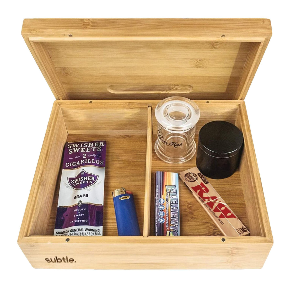 Large Bamboo Stash Box w/Ample Storage Space to Organize Herb Accessories - Comes with Convertible Rolling Tray Lid - (10" x 8" x 3.5") Subtle