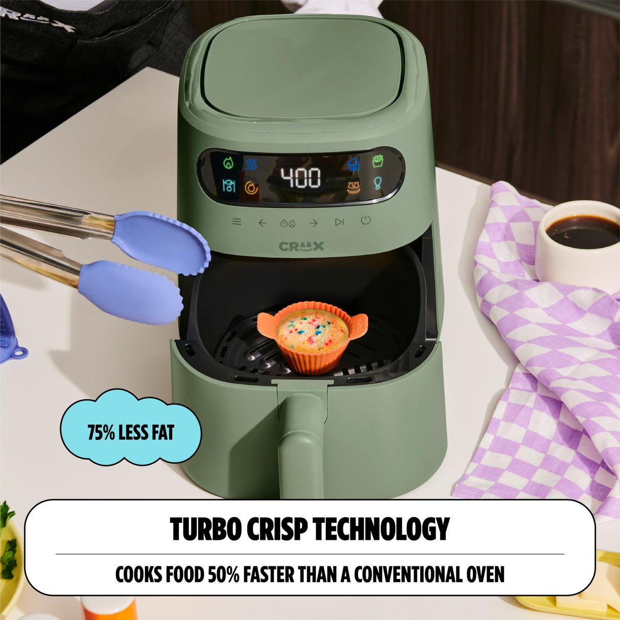 CRUX x Marshmello 3.0 QT Digital Air Fryer with TurboCrisp Technology, Touch Screen Temperature Control, Timer and Auto Shut-off, Fully Programmable, Silicone Cupcake Molds Included, Olive Crux