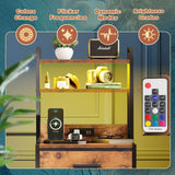 Nightstand 4 Drawer Dresser with LED Lights, Charging Station, Vertical Side Table with Fabric Drawers, End Table with 3 Open Shelves, Tall Dresser for Bedroom, Hallway, Entryway, Rustic Brown EKNKOZY