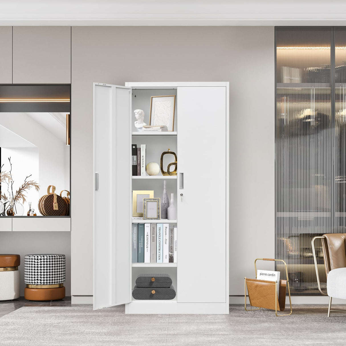 CMY Metal Storage Cabinet with Locking Doors and Adjustable Shelves, 72”H Steel Storage Cabinets for Garage, Home Office, Pantry (White) CMY