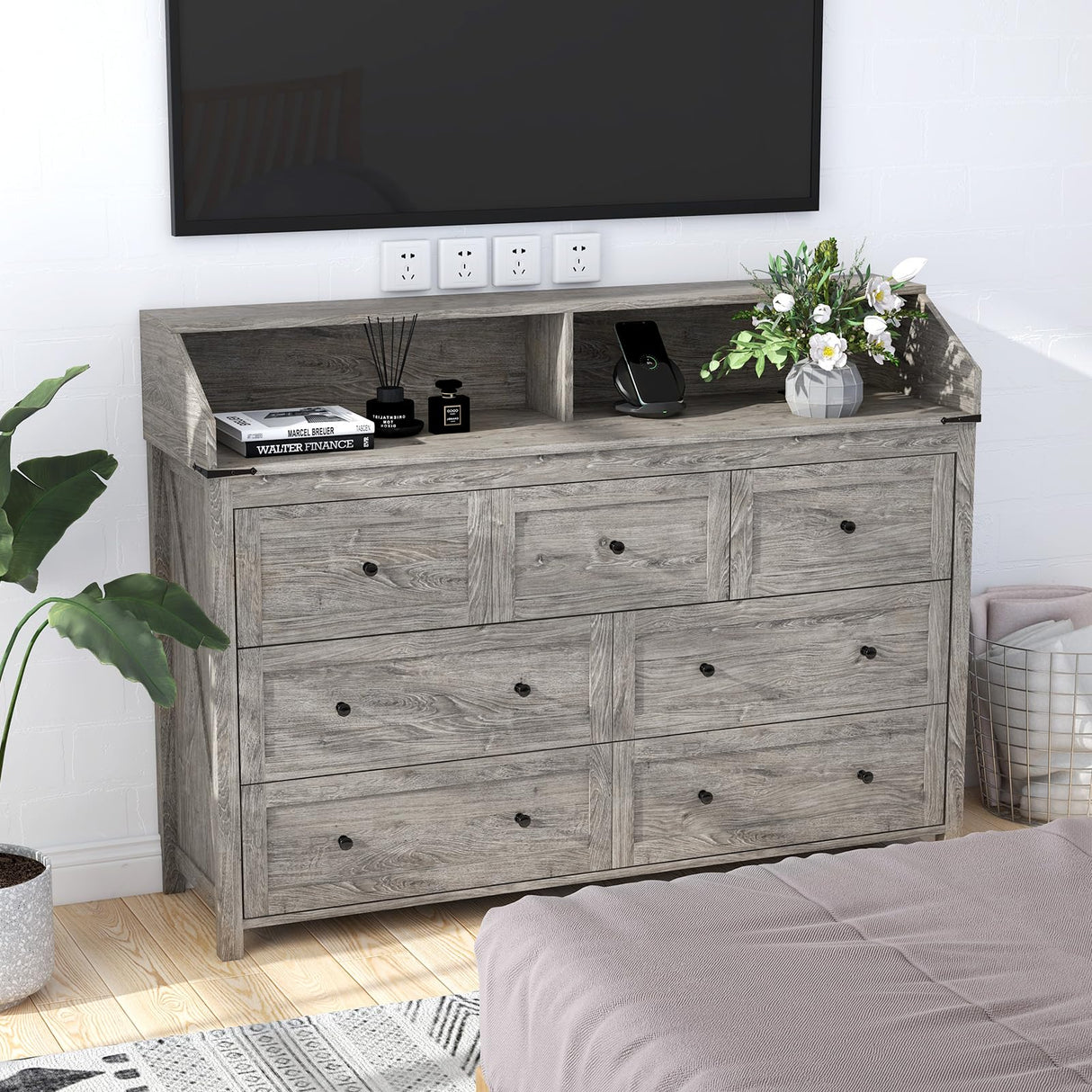 GlouMod LED Dresser with Charging Station, 7 Drawer Dressers & Chest of Drawers, Wooden Chest of Drawers for Bedroom, Closet Dresser Organizer, TV Stand, Rustic Grey GlouMod
