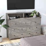 GlouMod LED Dresser with Charging Station, 7 Drawer Dressers & Chest of Drawers, Wooden Chest of Drawers for Bedroom, Closet Dresser Organizer, TV Stand, Rustic Grey GlouMod