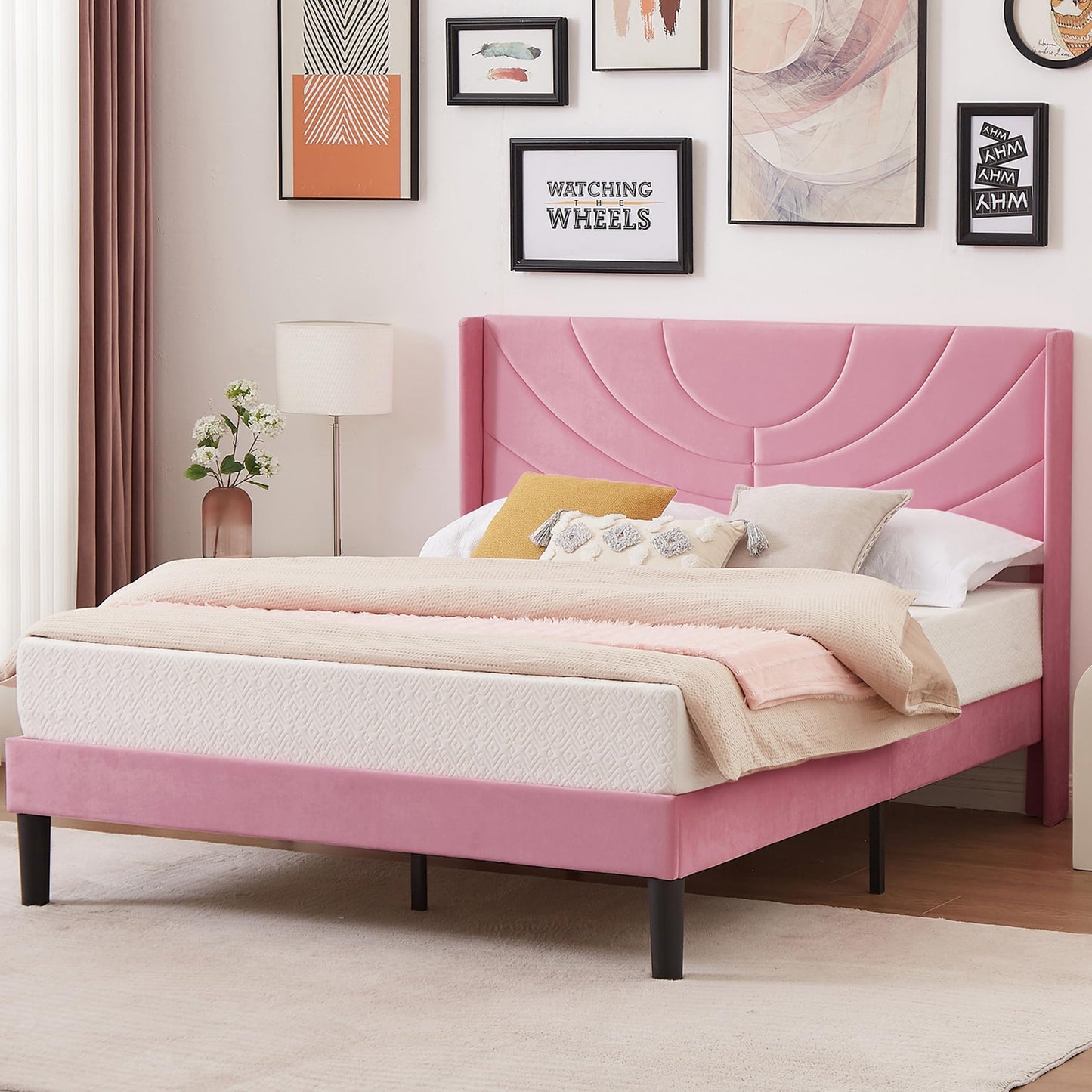 VECELO Queen Size Upholstered Platform Bed Frame with Fabric Headboard,Wooden Slats Support/No Box Spring Needed/Mattress Foundation/Easy Assembly,Pink