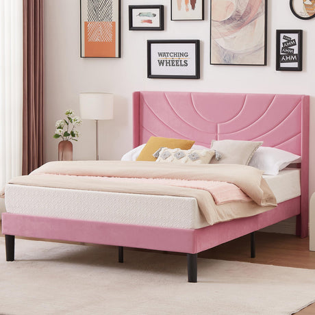 VECELO Queen Size Upholstered Platform Bed Frame with Fabric Headboard,Wooden Slats Support/No Box Spring Needed/Mattress Foundation/Easy Assembly,Pink VECELO