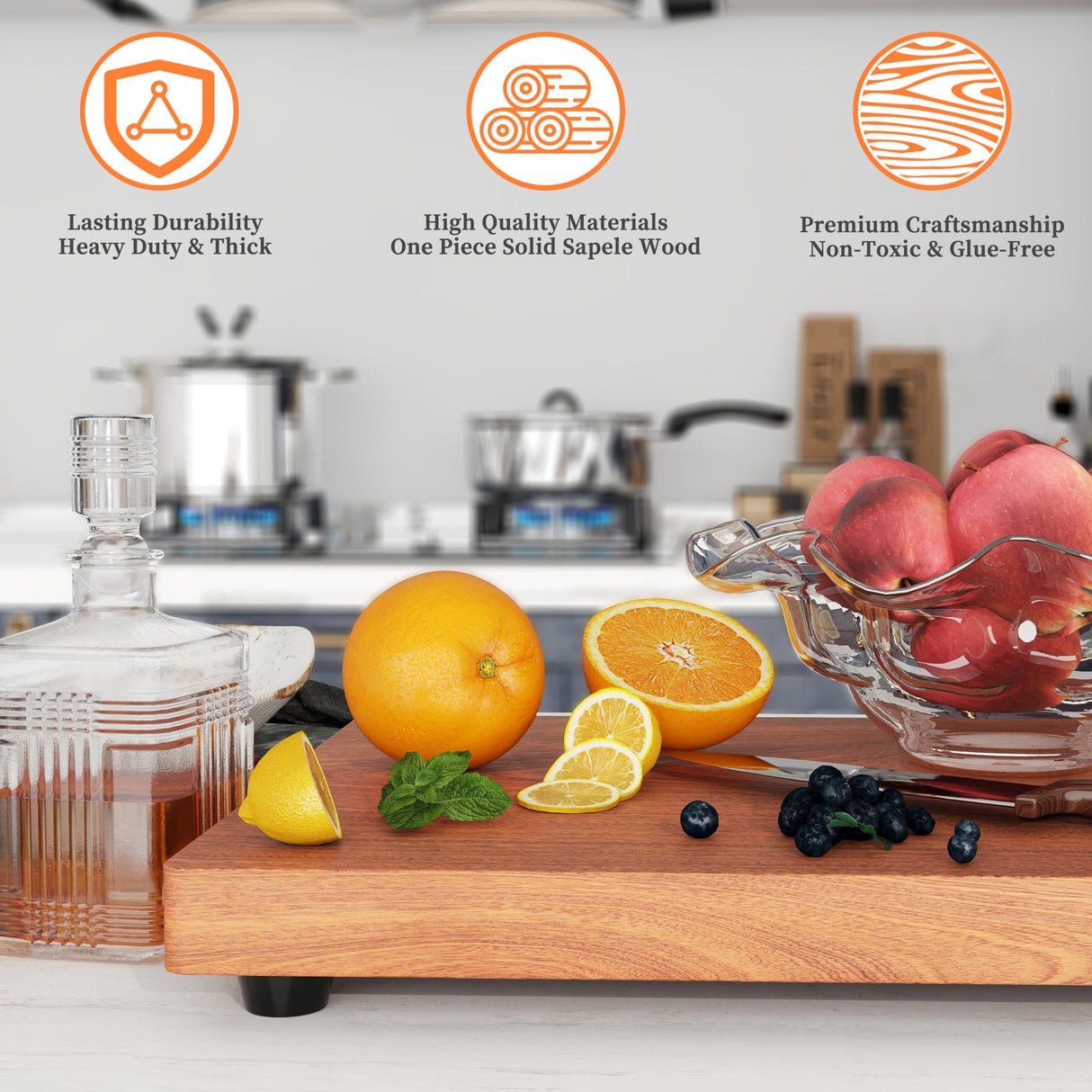 Brosisincorp Solid Sapele Wood Cutting Board - Medium 14.96" x 11.02" x 0.98" Thick, Non-Toxic, Heavy-Duty Butcher Block with Rubber Feet for Kitchen Brosisincorp