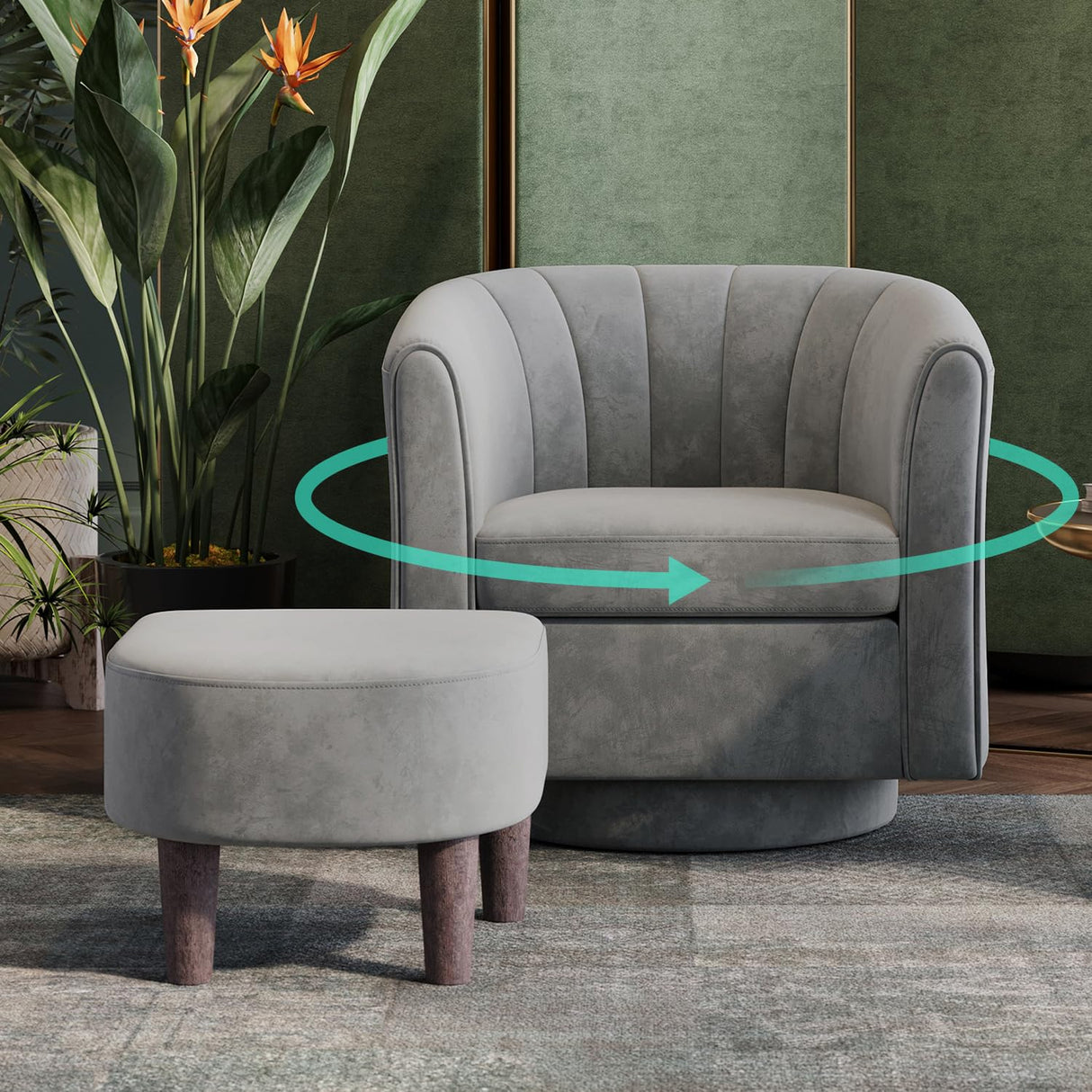 LINSY Swivel Accent Chair Ottoman Set: Velvet Small Barrel Chair with Foot Rest, Modern Reading Chair Upholstered Armchair with Footrest for Living Room Bedroom Study Room Office, Grey LINSY