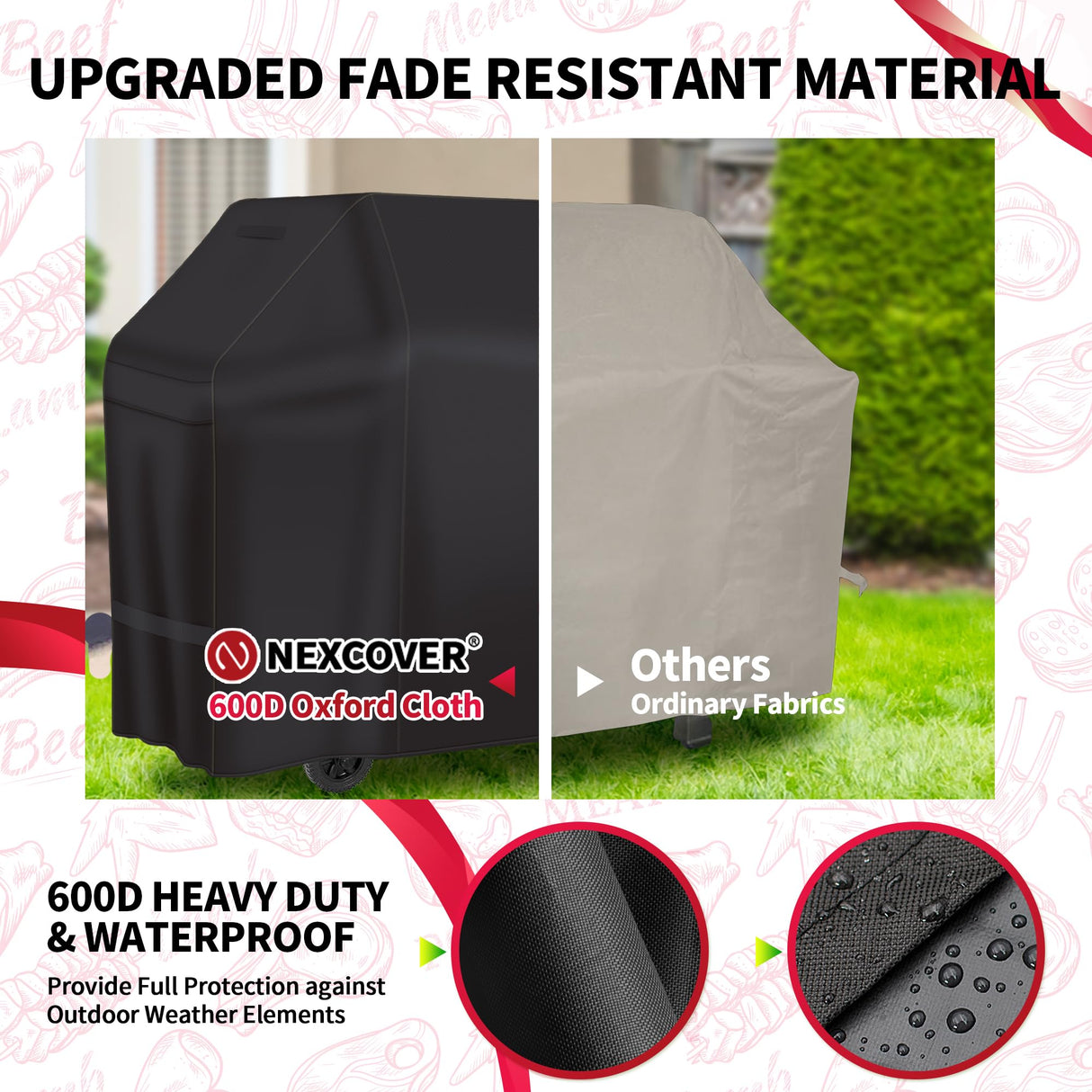 NEXCOVER Grill Cover - Heavy Duty BBQ Cover, 50 inch Waterproof Barbecue Cover, Weather Resistant, Fade Resistant, Rip-Proof, Anti-UV, Gas Grill Cover for Weber, Char Broil, Nexgrill Grills, Black NEXCOVER