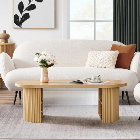 Oval Fluted Coffee Table, 47" Farmhouse Wood Coffee Table Mid Century Modern Center Table Boho Living Room Tables for Living Room Office,Natural RUSTYER