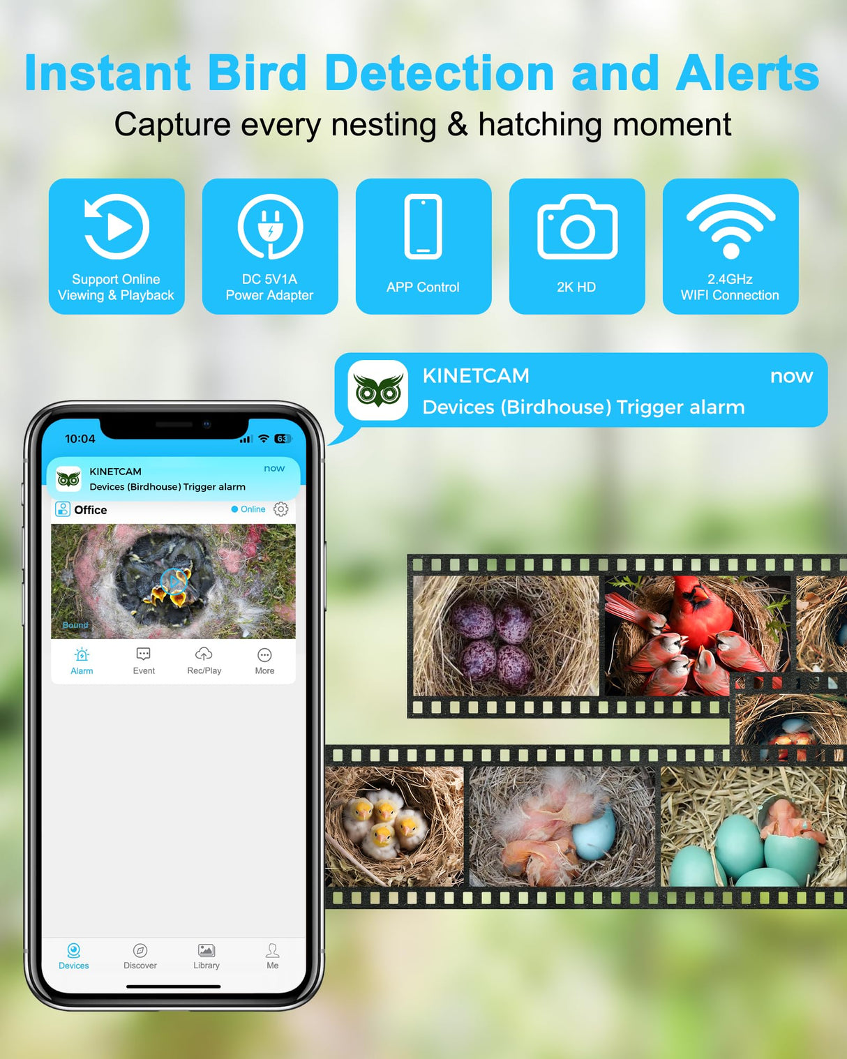 Bird House with Camera Smart Bird House Camera for Small Birds Nesting, 2K HD Wi-Fi Bird Watching Camera, Auto Detect&Notify, Night Vision, APP Control, Wooden Birdhouse with Camera Inside (Plug-In) KinetCam