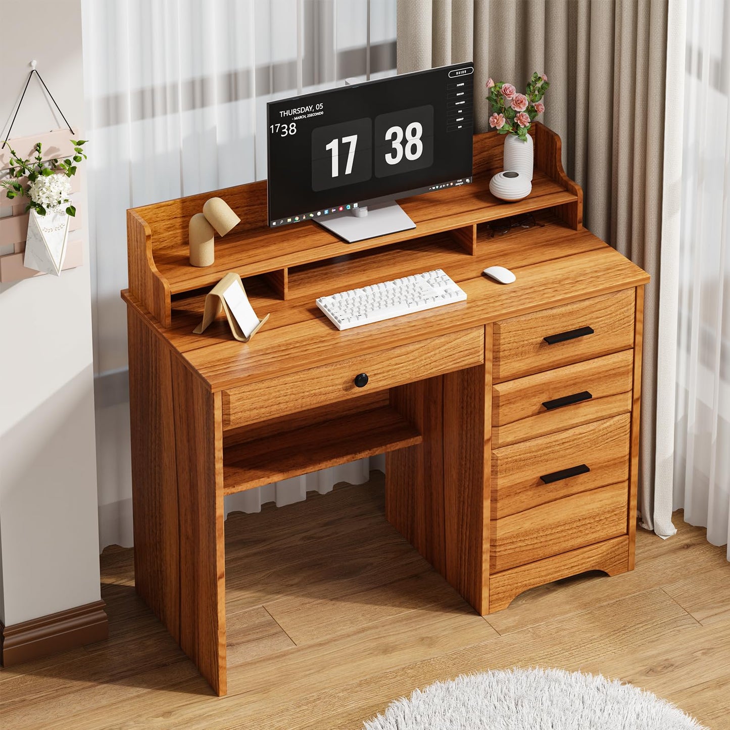 4 EVER WINNER Computer Desk with Drawers, 44 Inch Home Office Desk with Monitor Stand, Farmhouse Study Desk with Storage, Wood Desk with Drawers, Brown