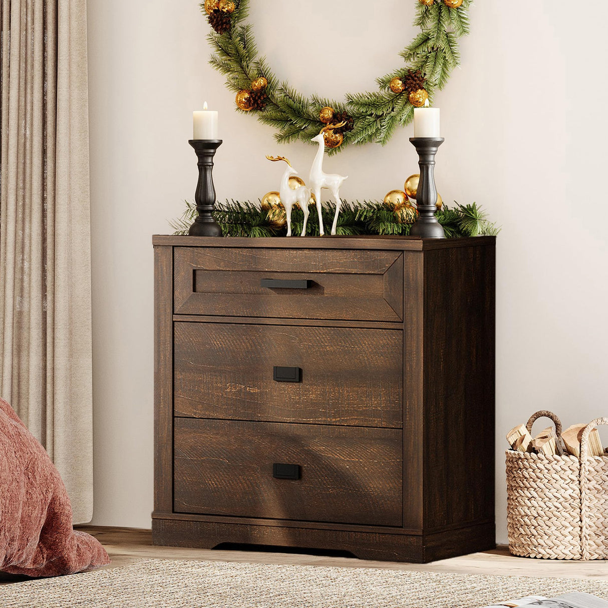 WAMPAT Rustic Wood 3-Drawer Dresser,32-inch Tall Farmhouse Bedroom Chest of Drawers with Smooth Glide, 31.5-inch Wide Storage Cabinet with Drawers, Rustic Brown WAMPAT