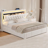 HAUOMS Queen Bed Frame with 3 XL Storage Drawers, Storage Headboard with RGB Lights & Charging Station, Velvet Upholstered Platform Bed Queen Size, No Box Spring Needed, Noise-Free, Creamy White HAUOMS