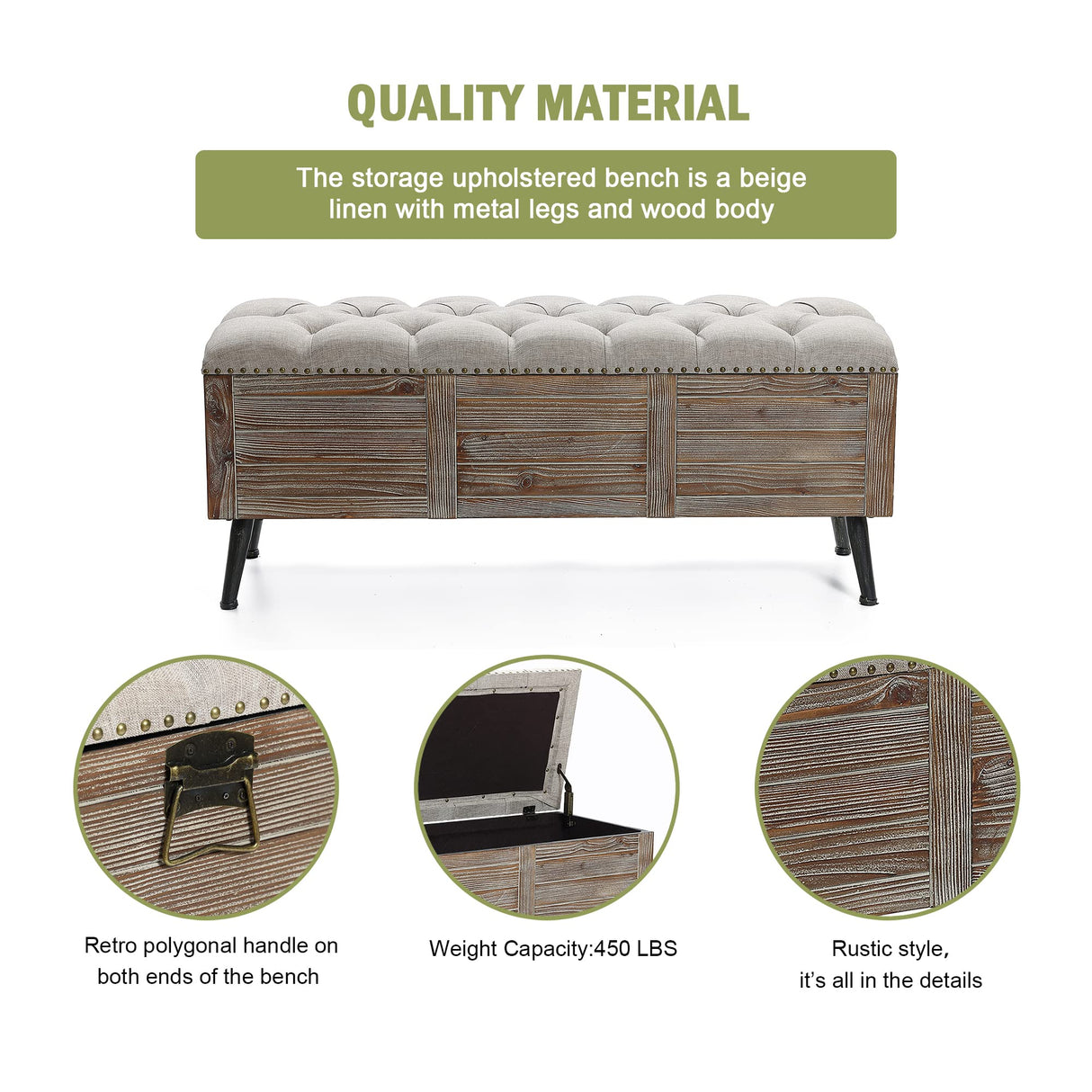 LuxenHome Storage Bench for Bedroom, 47" Wood Upholstered Bench with Storage and Seating, Luxury Beige and Brown Farmhouse End of Bed Bench, Storage Ottoman Bench for Living Room/Bedroom/Entryway LuxenHöme