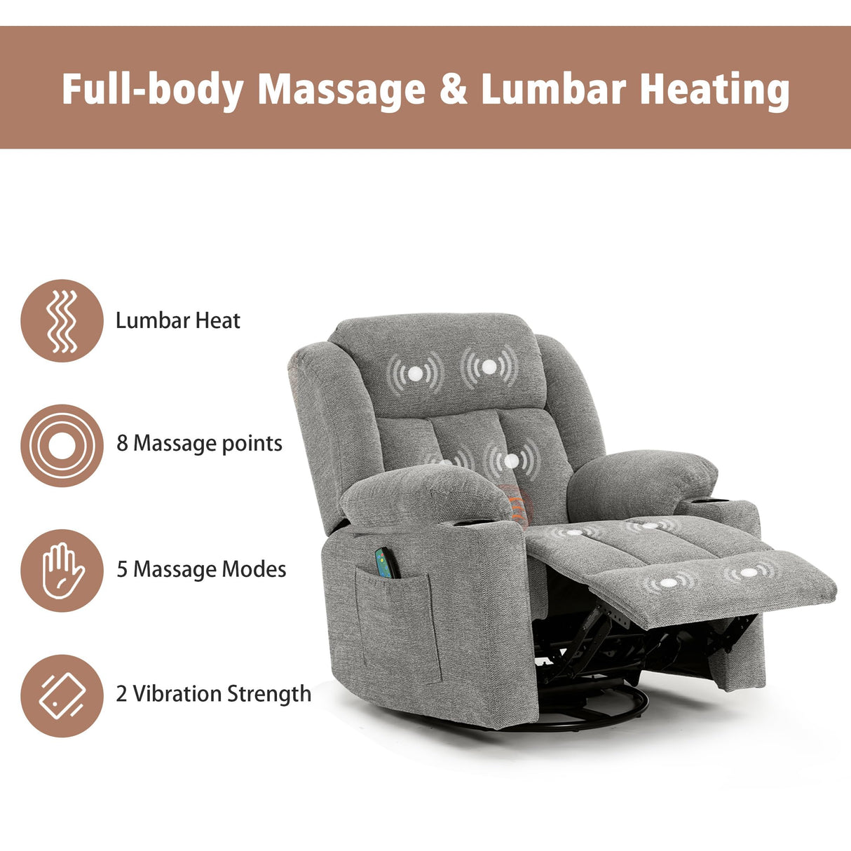 Ketaiyou Rocker Swivel Recliner Chair for Adults, Overstuffed Large Manual Recliner Glider with Massage and Heat, Comfy Soft Fabric Living Room Reclining Sofa Chair(Lime Gray) Ketaiyou