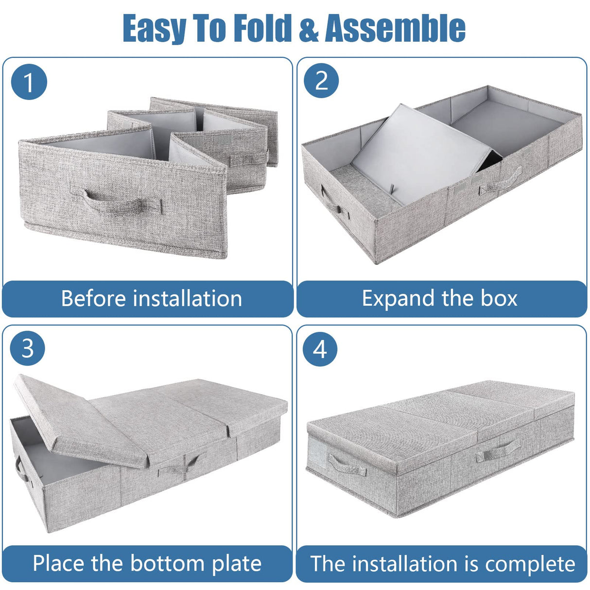 Supowin Underbed Storage Containers Bin with Lids (Set of 1) Large Under Bed Storage Organizer Box with Handle, Foldable Under the Storage Bags for Organizing Clothes, Shoes, Blankets, Pillows-Grey Supowin