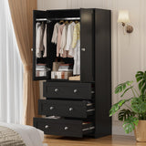 VOWNER Armoire Wardrobe Closet with Drawers and Mirror, 71" Clothing Storage Cabinet with Hanging Rod, 2 Doors Wooden Wardrobe Cabinet for Bedroom, Large Capacity Storage,Black VOWNER