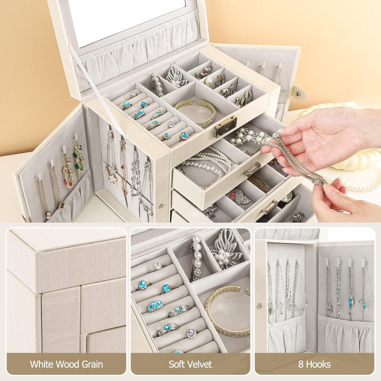 Homde Jewelry Box for Women Girls with Small Travel Case Mirror Necklace Ring Earrings Organizer White Wood Grain Homde