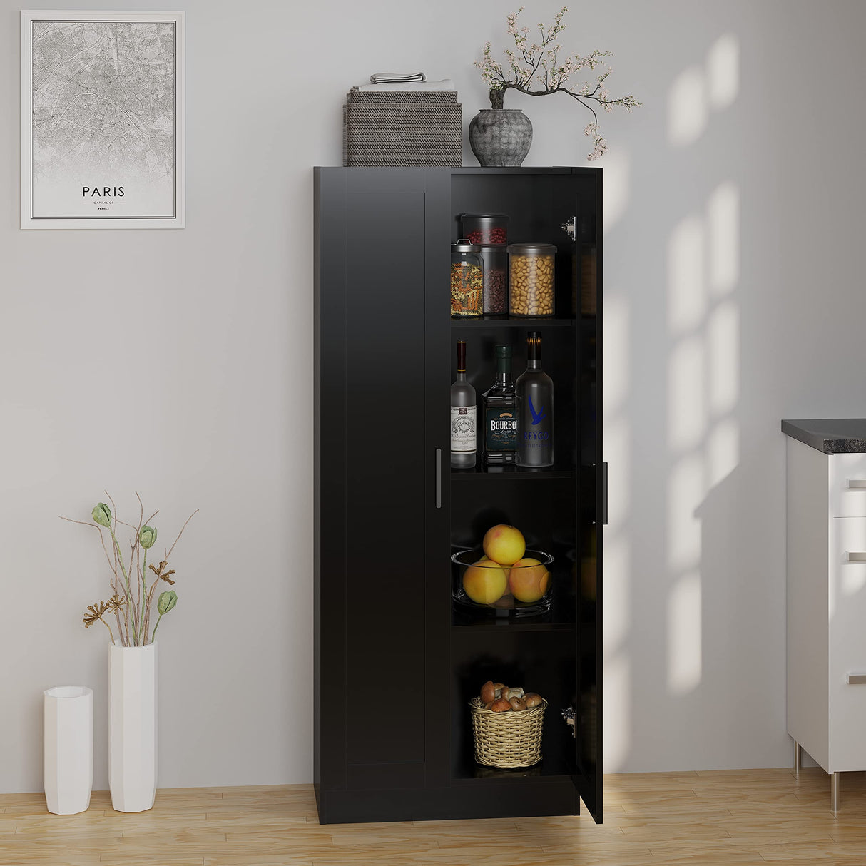 Panana Wooden Storage Cabinet, Narrow Pantry Cabinets Free Standing Tall Storage Cabinet with 2 Doors and Shelves (Black) Panana