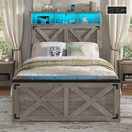 Hasuit Farmhouse Bed Frame Twin Size with Storage Headboard, Charging Station and LED Light, Wooden Twin Bed Frame with Storage Ottoman, Barn Door Design, No Box Spring Needed, No Noise (Oak Grey) Hasuit