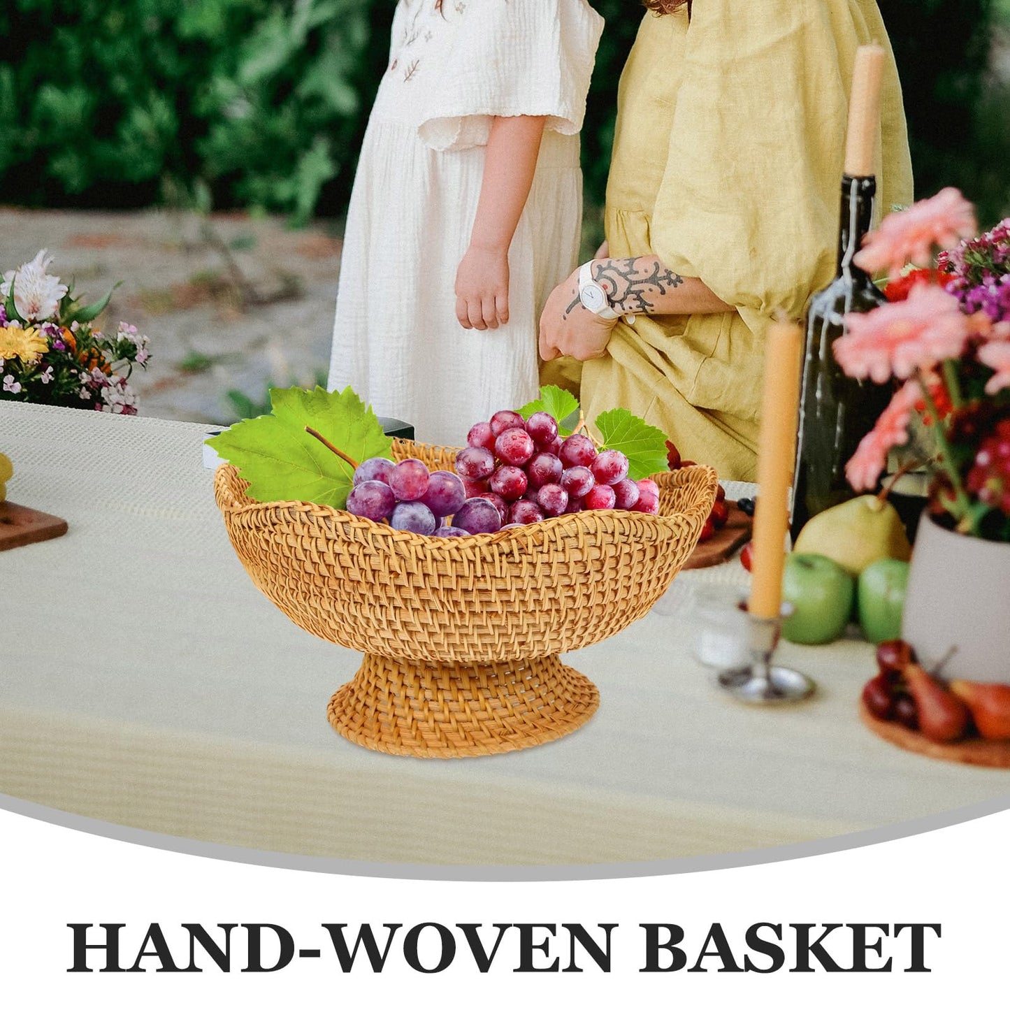 Zerodeko Rattan Fruit Bowl Bread Basket Woven Footed Bowl Round Pedestal Plate Dessert Display Platter Snack Serving Dish Tabletop Organizing Basket for Kitchen Counter