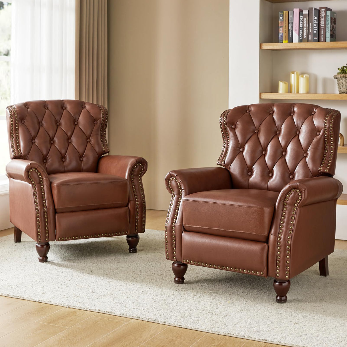 HULALA HOME Genuine Leather Recliner Chair Set of 2 w/Solid Wood Feet, Modern Adjustable Tufted Push Back Arm Chair w/Rivet Decoration, Home Theater Seating Reclining Sofa for Living Room, Brown HULALA HOME
