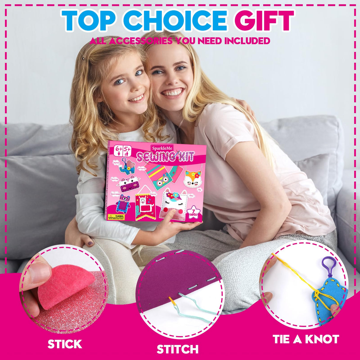 Sewing Craft Kit for Girls: DIY Felt Sewing Kit for Kids Ages 5-10, 7 Fun Projects with Stuffed Animals & Pillows, Learn to Sew Kit for Beginners, Ideal for Christmas & Birthday, Arts & Crafts Ideas SparkleMe