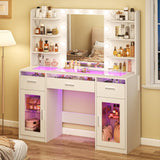 HUAHUUU Vanity Desk, Makeup Vanity Desk with Mirror and Lights 3 Colors, Transparent Top with 3 RGB Drawers, 6 Shelves, 2 Large Tempered Cabinets, Power Outlet, for Bedroom, White HUAHUU