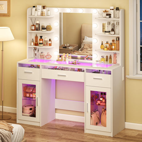 HUAHUUU Vanity Desk, Makeup Vanity Desk with Mirror and Lights 3 Colors, Transparent Top with 3 RGB Drawers, 6 Shelves, 2 Large Tempered Cabinets, Power Outlet, for Bedroom, White HUAHUU