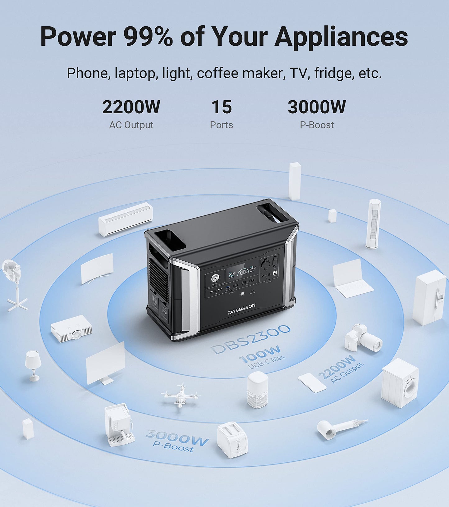 Dabbsson Portable Power Station DBS2300, 2330Wh EV Semi-solid State LiFePO4 Home Battery Backup, Max 8330Wh, 5×2200W AC Outlets, Solar Generator for Camping, Home Backup, Emergency, RV - WoodArtSupply