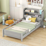 SOFTSEA Antique Gray Twin Wood Bed with Storage Headboard and LED Light SOFTSEA