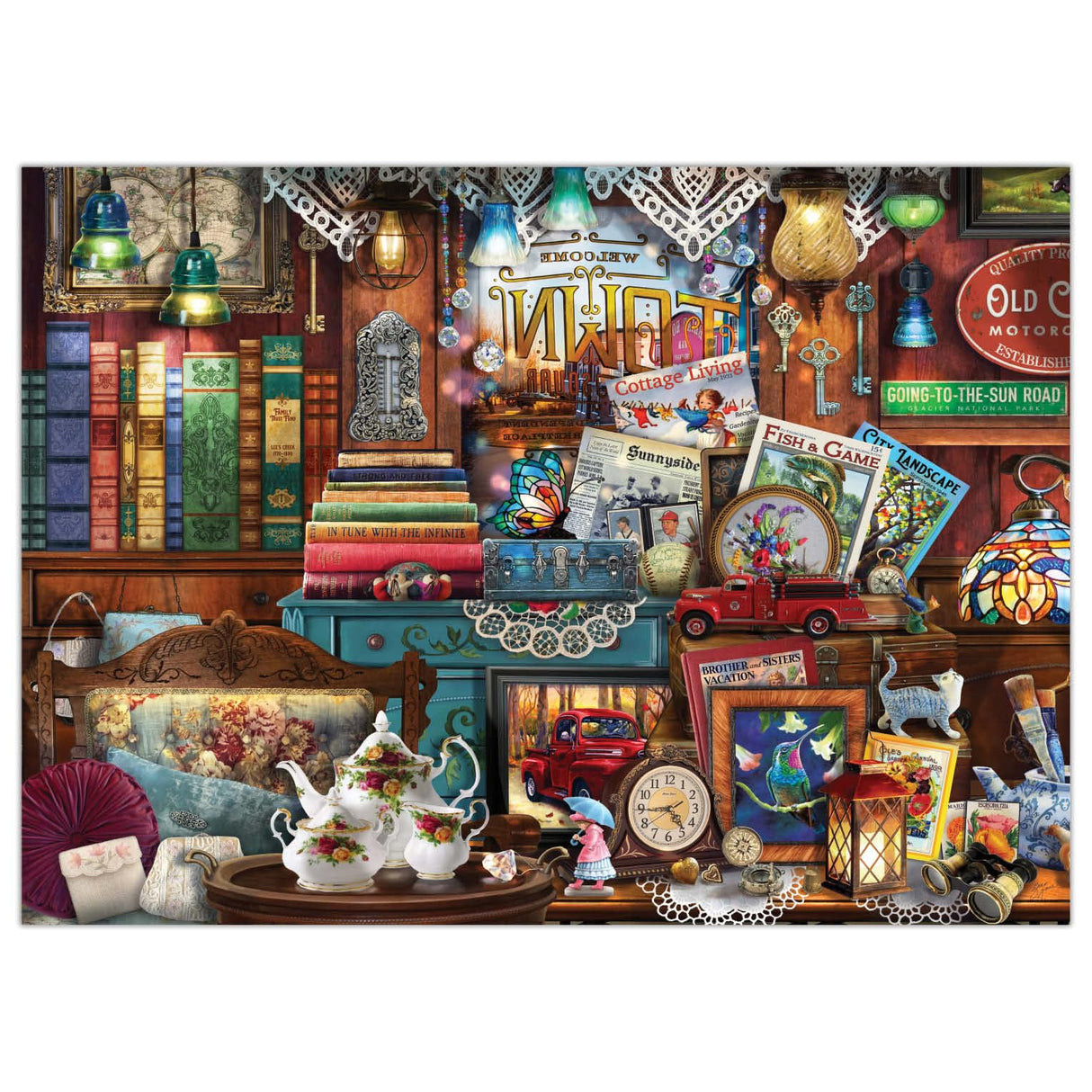 Crown Point Graphics Sunnyside Antiques Puzzle - 1000 Piece Jigsaw Puzzle - Antique Shop Jigsaw Puzzle with Vintage Hidden Objects - Made in USA Crown Point Graphics