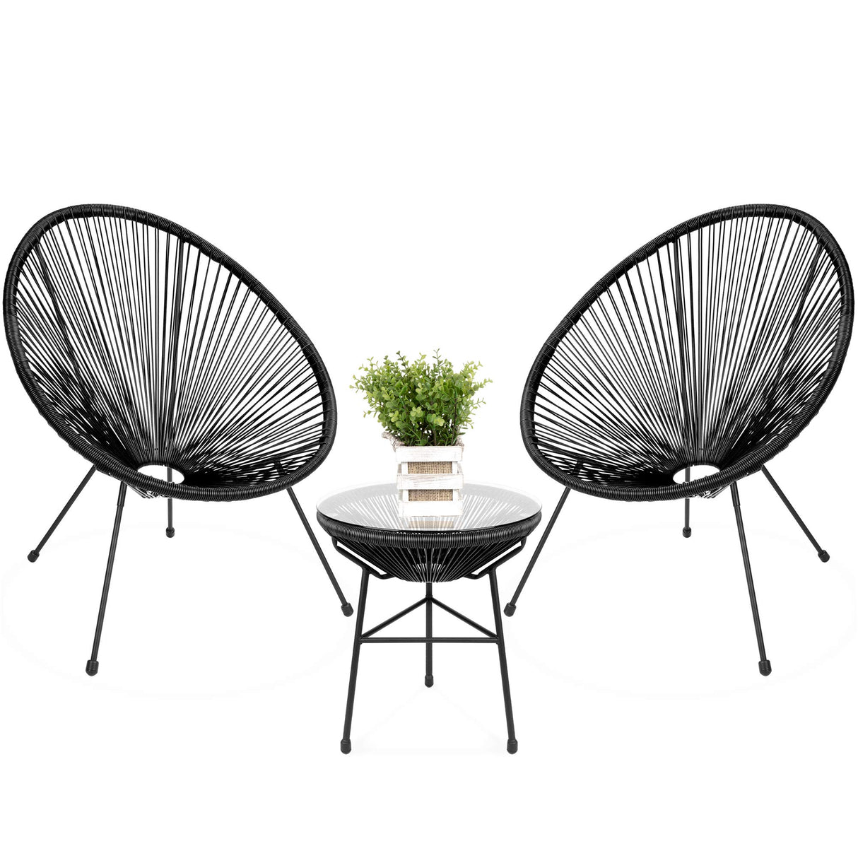 Best Choice Products 3-Piece Outdoor Acapulco All-Weather Patio Conversation Bistro Set w/Plastic Rope, Glass Top Table and 2 Chairs - Black Best Choice Products